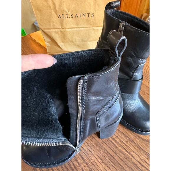 Allsaints Black Moto Shearling Fur Lined Boots Block Heels Chunky size 36 (US6) - Picture 8 of 11